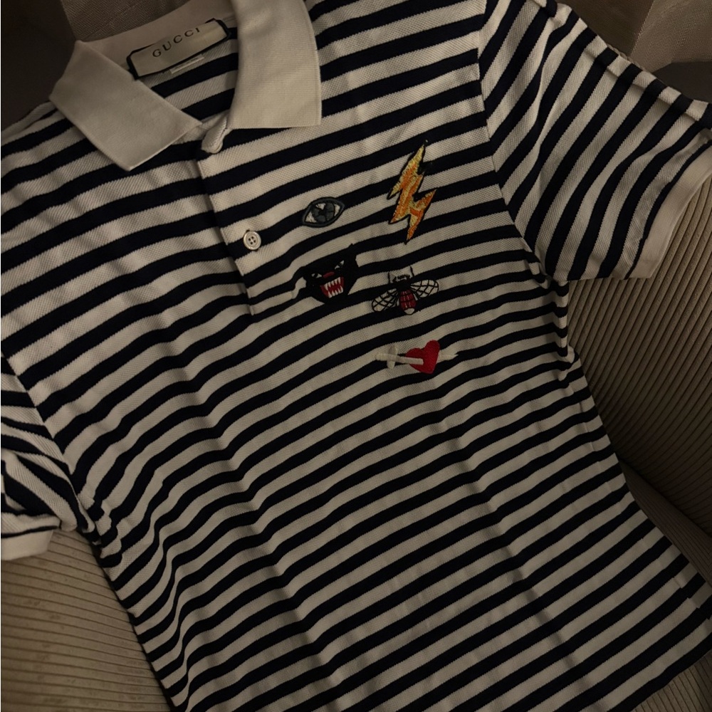 Gucci Navy and White Striped Polo with Patches